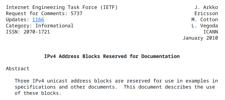 RFC 5737 - Adresses IPv4 pour Documentation et Formation
